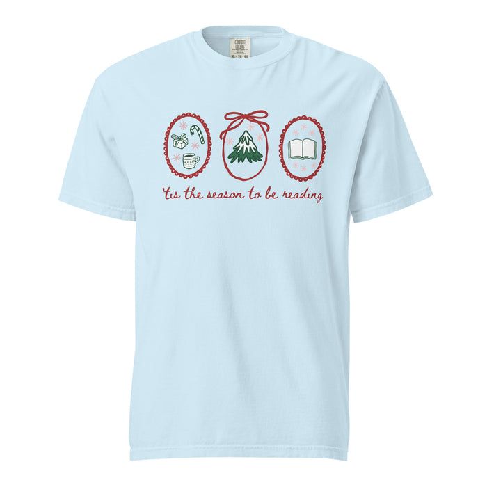 'Tis the Season to Be Reading T-Shirt - The Bean Workshop - Bookaholic, Bookish Humor, Bookworm Christmas Tee, Casual Wear, Christmas Gift, Christmas Reading Shirt for Book Lovers, Cozy Christmas, Festive Apparel, Gift for Readers, Hand-Drawn, Holiday Doodles, Holiday Graphic Tee, Tis the Season to be Reading T-Shirt