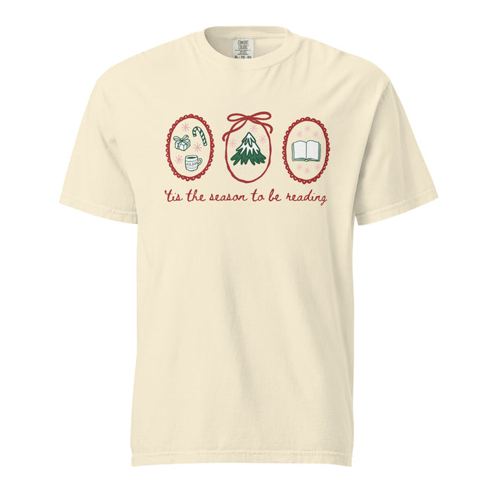 'Tis the Season to Be Reading T-Shirt - The Bean Workshop - Bookaholic, Bookish Humor, Bookworm Christmas Tee, Casual Wear, Christmas Gift, Christmas Reading Shirt for Book Lovers, Cozy Christmas, Festive Apparel, Gift for Readers, Hand-Drawn, Holiday Doodles, Holiday Graphic Tee, Tis the Season to be Reading T-Shirt