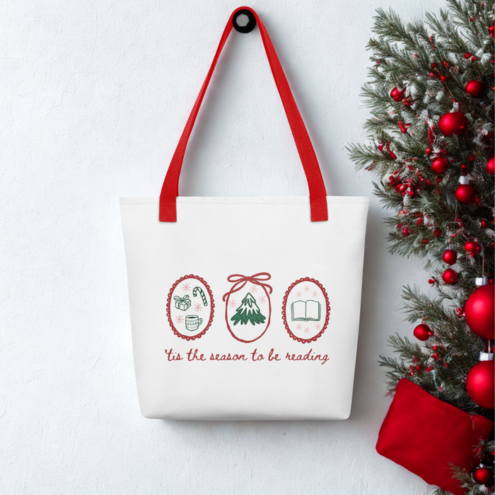 'Tis the Season to be Reading Tote Bag - The Bean Workshop - Book Haul, Bookaholic, Bookish Humor, Bookworm Gift Bag, Canvas Tote, Christmas Library Tote for Book Lovers, Cozy Christmas, Festive Accessory, Gift for Readers, Hand-Drawn, Holiday Shopping Bag, Reusable Bag, Tis the Season to be Reading Tote Bag