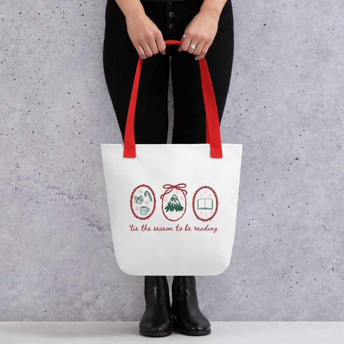 'Tis the Season to be Reading Tote Bag - The Bean Workshop - Book Haul, Bookaholic, Bookish Humor, Bookworm Gift Bag, Canvas Tote, Christmas Library Tote for Book Lovers, Cozy Christmas, Festive Accessory, Gift for Readers, Hand-Drawn, Holiday Shopping Bag, Reusable Bag, Tis the Season to be Reading Tote Bag