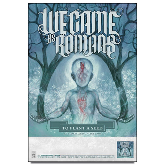 Poster against white background. Poster is a light blue color. Center of poster has a figure holding 2 trees on either side. The top of the poster has "WE CAME AS ROMANS" printed in the center. Below the figure has "TO PLANT A SEED" printed in the center.