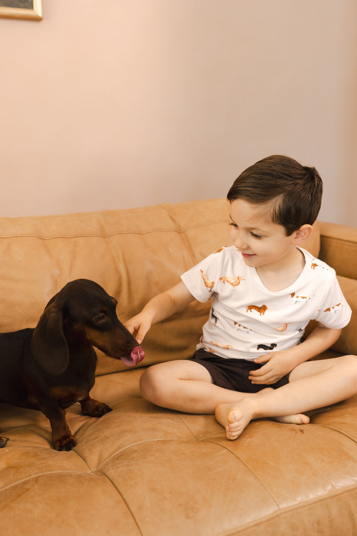toddler wearing a dachshund printed tshirt on a couch next to pet dog