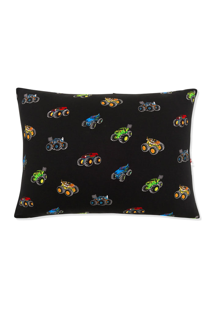Toddler Pillowcase in Monster Truck print on white background