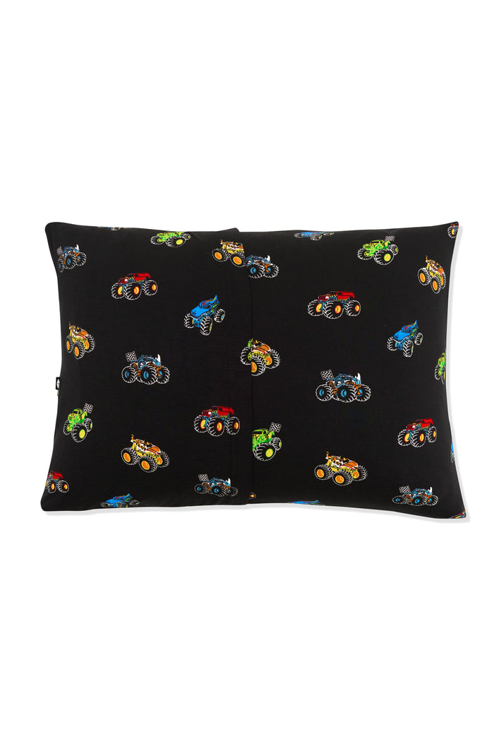 Back side of Toddler Pillowcase in Monster Truck print on white background