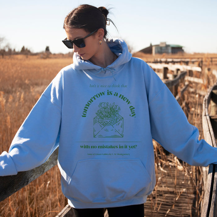 Tomorrow Is a New Day Hoodie - The Bean Workshop - Anne of Green Gables, Anne Shirley Fandom, Book Club Gift, Cottagecore Aesthetic, Dark Academia Style, Envelope Flower Motif, Forest Green Floral Illustration, Hoodie, Inspirational Literary Quote Hoodie for Readers, L.M. Montgomery, Reader Gift, Tomorrow Is a New Day Hoodie for Book Lovers