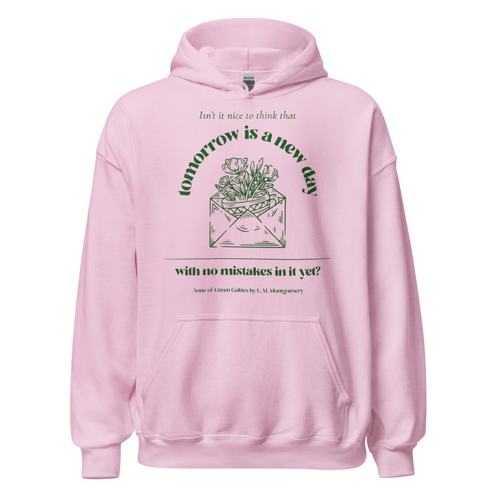 Tomorrow Is a New Day Hoodie - The Bean Workshop - Anne of Green Gables, Anne Shirley Fandom, Book Club Gift, Cottagecore Aesthetic, Dark Academia Style, Envelope Flower Motif, Forest Green Floral Illustration, Hoodie, Inspirational Literary Quote Hoodie for Readers, L.M. Montgomery, Reader Gift, Tomorrow Is a New Day Hoodie for Book Lovers