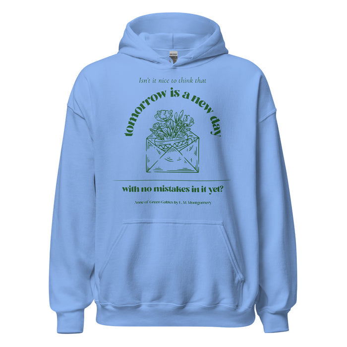 Tomorrow Is a New Day Hoodie - The Bean Workshop - Anne of Green Gables, Anne Shirley Fandom, Book Club Gift, Cottagecore Aesthetic, Dark Academia Style, Envelope Flower Motif, Forest Green Floral Illustration, Hoodie, Inspirational Literary Quote Hoodie for Readers, L.M. Montgomery, Reader Gift, Tomorrow Is a New Day Hoodie for Book Lovers
