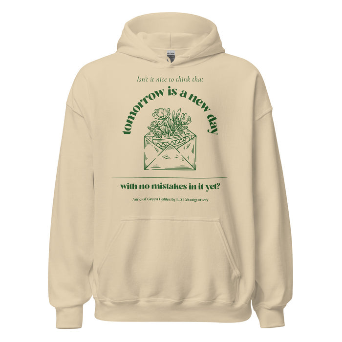 Tomorrow Is a New Day Hoodie - The Bean Workshop - Anne of Green Gables, Anne Shirley Fandom, Book Club Gift, Cottagecore Aesthetic, Dark Academia Style, Envelope Flower Motif, Forest Green Floral Illustration, Hoodie, Inspirational Literary Quote Hoodie for Readers, L.M. Montgomery, Reader Gift, Tomorrow Is a New Day Hoodie for Book Lovers