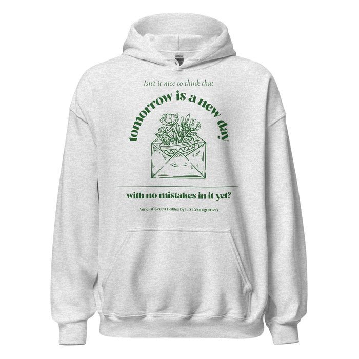 Tomorrow Is a New Day Hoodie - The Bean Workshop - Anne of Green Gables, Anne Shirley Fandom, Book Club Gift, Cottagecore Aesthetic, Dark Academia Style, Envelope Flower Motif, Forest Green Floral Illustration, Hoodie, Inspirational Literary Quote Hoodie for Readers, L.M. Montgomery, Reader Gift, Tomorrow Is a New Day Hoodie for Book Lovers