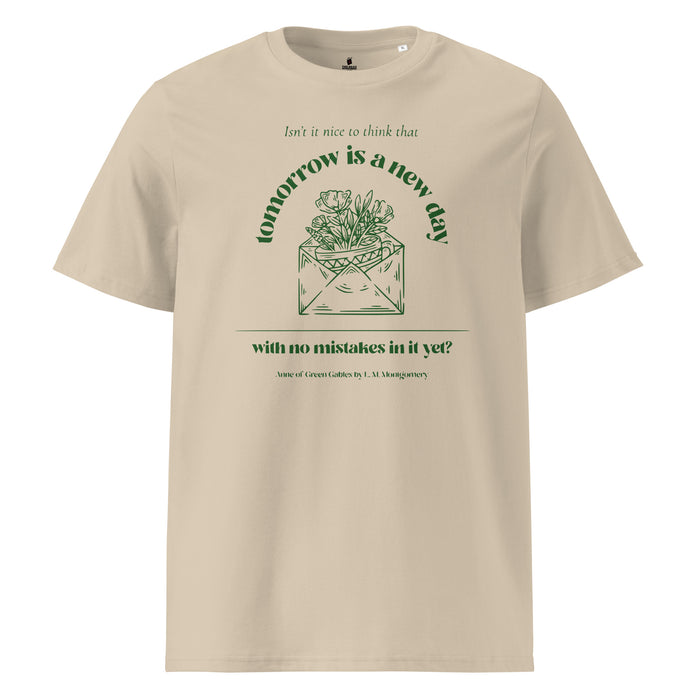 Tomorrow Is a New Day T-shirt - The Bean Workshop - Anne of Green Gables, Anne Shirley Fandom, Book Club Gift, Cottagecore Aesthetic, Dark Academia Style, Envelope Flower Motif, Forest Green Floral Illustration, Inspirational Literary Quote Tee for Readers, L.M. Montgomery, Reader Gift, T-Shirt, Tomorrow Is a New Day Anne of Green Gables Shirt for Book Lovers