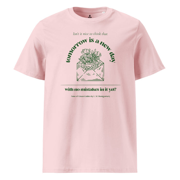 Tomorrow Is a New Day T-shirt - The Bean Workshop - Anne of Green Gables, Anne Shirley Fandom, Book Club Gift, Cottagecore Aesthetic, Dark Academia Style, Envelope Flower Motif, Forest Green Floral Illustration, Inspirational Literary Quote Tee for Readers, L.M. Montgomery, Reader Gift, T-Shirt, Tomorrow Is a New Day Anne of Green Gables Shirt for Book Lovers