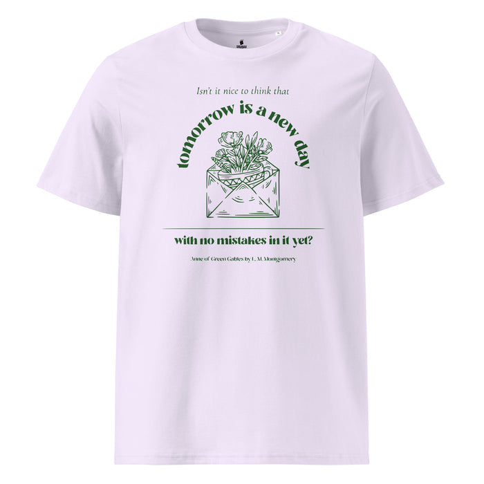 Tomorrow Is a New Day T-shirt - The Bean Workshop - Anne of Green Gables, Anne Shirley Fandom, Book Club Gift, Cottagecore Aesthetic, Dark Academia Style, Envelope Flower Motif, Forest Green Floral Illustration, Inspirational Literary Quote Tee for Readers, L.M. Montgomery, Reader Gift, T-Shirt, Tomorrow Is a New Day Anne of Green Gables Shirt for Book Lovers