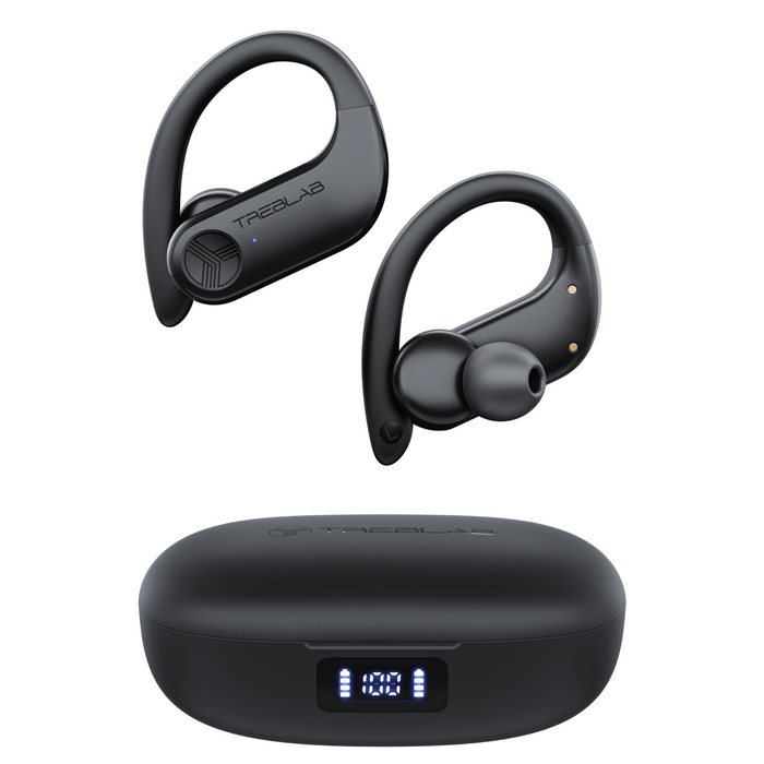 TREBLAB X3-Pro Earbuds Wireless Bluetooth, Earhook IPX5 12H Powerbank | Bluetooth Running Headphones, gaming mode 60ms, wireless charging case, secure earhook, ENC mics, BT 5.3, 9g ultra-light