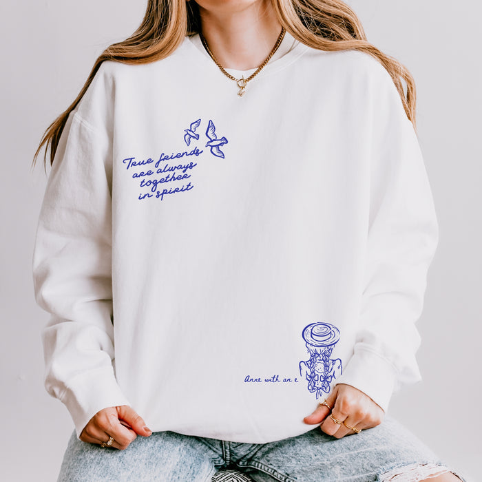 True Friends Are Always Together in Spirit Fleece Crewneck Sweatshirt - The Bean Workshop - Anne and Diana Friendship Quote Fleece Sweatshirt for Readers, Anne of Green Gables, Anne with an E Fandom, Best Friend Gift, Book Club Gift, Cottagecore Style, Floral Hat Motif, Friendship Aesthetic, L.M. Montgomery, Navy Blue Bird Illustration, Sweatshirt, True Friends Are Always Together in Spirit Sweatshirt for Bookworms