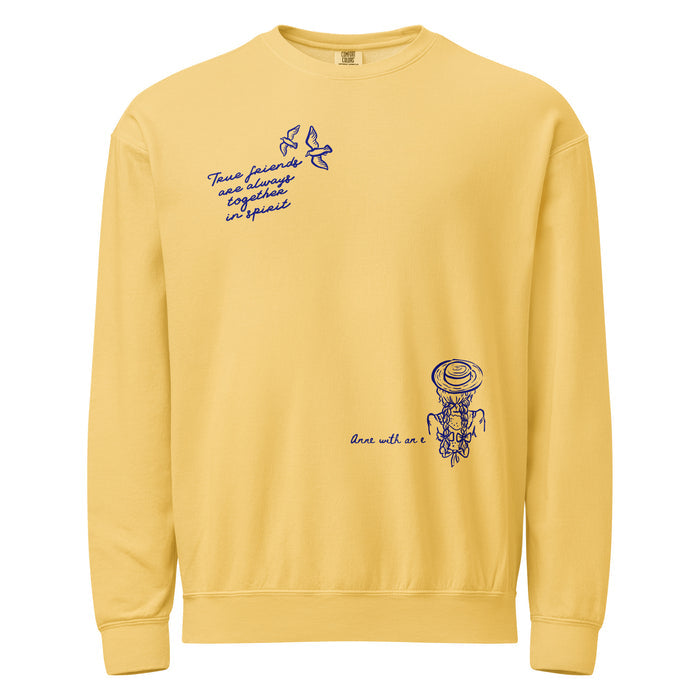True Friends Are Always Together in Spirit Fleece Crewneck Sweatshirt - The Bean Workshop - Anne and Diana Friendship Quote Fleece Sweatshirt for Readers, Anne of Green Gables, Anne with an E Fandom, Best Friend Gift, Book Club Gift, Cottagecore Style, Floral Hat Motif, Friendship Aesthetic, L.M. Montgomery, Navy Blue Bird Illustration, Sweatshirt, True Friends Are Always Together in Spirit Sweatshirt for Bookworms