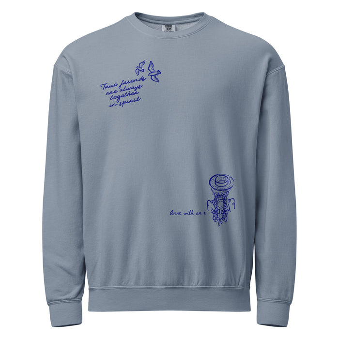 True Friends Are Always Together in Spirit Fleece Crewneck Sweatshirt - The Bean Workshop - Anne and Diana Friendship Quote Fleece Sweatshirt for Readers, Anne of Green Gables, Anne with an E Fandom, Best Friend Gift, Book Club Gift, Cottagecore Style, Floral Hat Motif, Friendship Aesthetic, L.M. Montgomery, Navy Blue Bird Illustration, Sweatshirt, True Friends Are Always Together in Spirit Sweatshirt for Bookworms