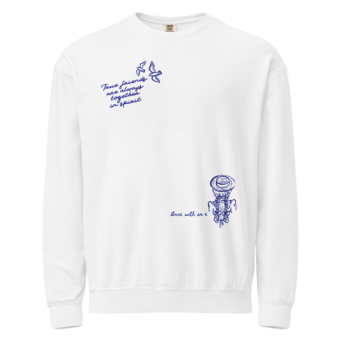 True Friends Are Always Together in Spirit Fleece Crewneck Sweatshirt - The Bean Workshop - Anne and Diana Friendship Quote Fleece Sweatshirt for Readers, Anne of Green Gables, Anne with an E Fandom, Best Friend Gift, Book Club Gift, Cottagecore Style, Floral Hat Motif, Friendship Aesthetic, L.M. Montgomery, Navy Blue Bird Illustration, Sweatshirt, True Friends Are Always Together in Spirit Sweatshirt for Bookworms