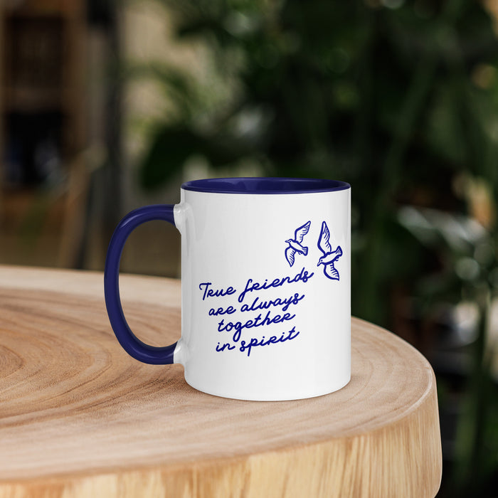 True Friends Are Always Together in Spirit Mug with Color Inside - The Bean Workshop - Anne and Diana Friendship Ceramic Mug for Readers, Anne of Green Gables, Anne with an E Fandom, Best Friend Gift, Bookish Gift, Ceramic Mug, Cottagecore Style, Floral Hat Motif, Friendship Aesthetic, L.M. Montgomery, Navy Blue Bird Illustration, True Friends Are Always Together in Spirit Mug for Book Lovers