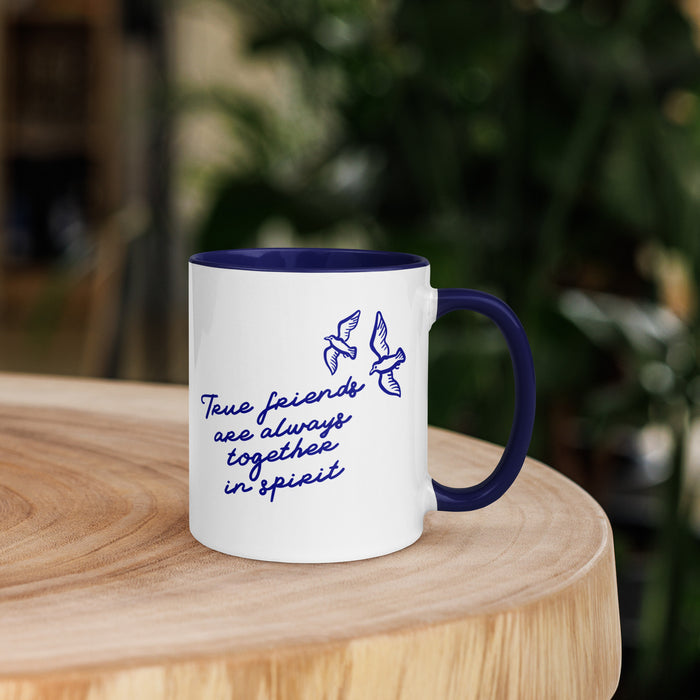 True Friends Are Always Together in Spirit Mug with Color Inside - The Bean Workshop - Anne and Diana Friendship Ceramic Mug for Readers, Anne of Green Gables, Anne with an E Fandom, Best Friend Gift, Bookish Gift, Ceramic Mug, Cottagecore Style, Floral Hat Motif, Friendship Aesthetic, L.M. Montgomery, Navy Blue Bird Illustration, True Friends Are Always Together in Spirit Mug for Book Lovers