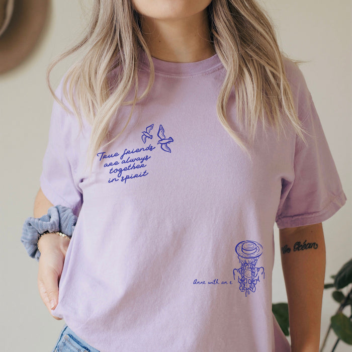 True Friends Are Always Together in Spirit T-Shirt - The Bean Workshop - Anne and Diana Friendship Quote Tee for Readers, Anne of Green Gables, Anne with an E Fandom, Best Friend Gift, Book Club Gift, Cottagecore Style, Floral Hat Motif, Friendship Aesthetic, L.M. Montgomery, Navy Blue Bird Illustration, T-Shirt, True Friends Are Always Together in Spirit Shirt for Book Lovers