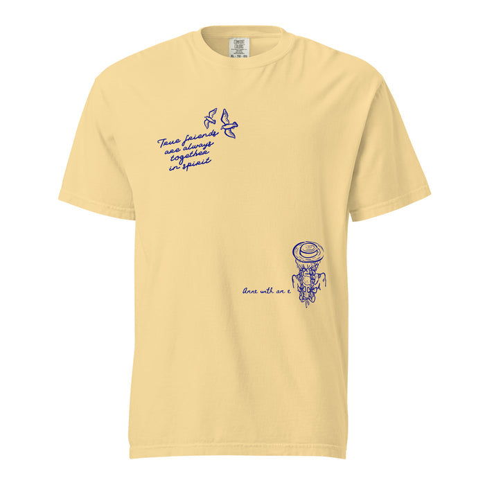 True Friends Are Always Together in Spirit T-Shirt - The Bean Workshop - Anne and Diana Friendship Quote Tee for Readers, Anne of Green Gables, Anne with an E Fandom, Best Friend Gift, Book Club Gift, Cottagecore Style, Floral Hat Motif, Friendship Aesthetic, L.M. Montgomery, Navy Blue Bird Illustration, T-Shirt, True Friends Are Always Together in Spirit Shirt for Book Lovers