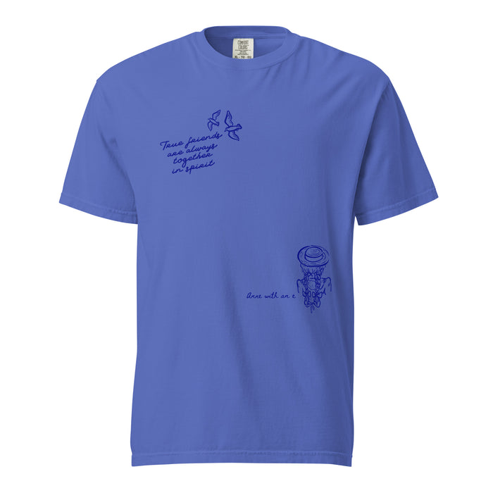 True Friends Are Always Together in Spirit T-Shirt - The Bean Workshop - Anne and Diana Friendship Quote Tee for Readers, Anne of Green Gables, Anne with an E Fandom, Best Friend Gift, Book Club Gift, Cottagecore Style, Floral Hat Motif, Friendship Aesthetic, L.M. Montgomery, Navy Blue Bird Illustration, T-Shirt, True Friends Are Always Together in Spirit Shirt for Book Lovers