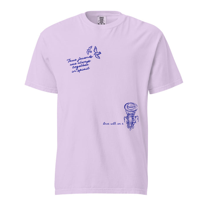 True Friends Are Always Together in Spirit T-Shirt - The Bean Workshop - Anne and Diana Friendship Quote Tee for Readers, Anne of Green Gables, Anne with an E Fandom, Best Friend Gift, Book Club Gift, Cottagecore Style, Floral Hat Motif, Friendship Aesthetic, L.M. Montgomery, Navy Blue Bird Illustration, T-Shirt, True Friends Are Always Together in Spirit Shirt for Book Lovers