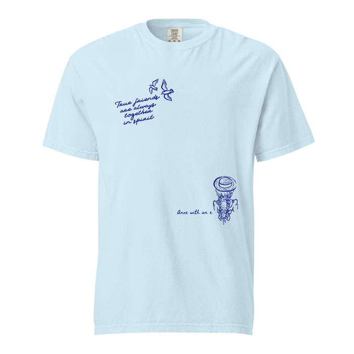 True Friends Are Always Together in Spirit T-Shirt - The Bean Workshop - Anne and Diana Friendship Quote Tee for Readers, Anne of Green Gables, Anne with an E Fandom, Best Friend Gift, Book Club Gift, Cottagecore Style, Floral Hat Motif, Friendship Aesthetic, L.M. Montgomery, Navy Blue Bird Illustration, T-Shirt, True Friends Are Always Together in Spirit Shirt for Book Lovers