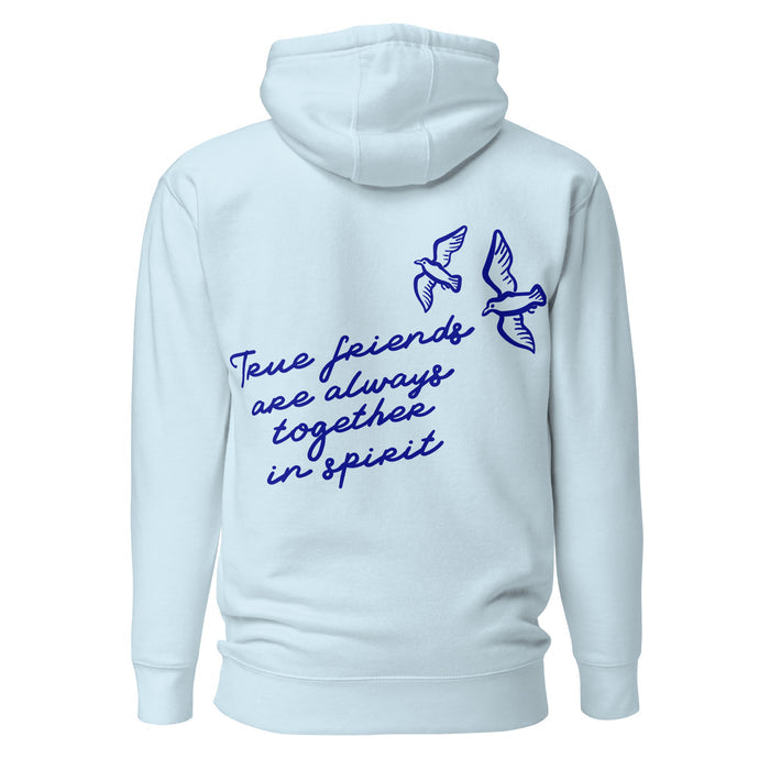 True Friends Are Always Together in Spirit Two-sided Premium Hoodie - The Bean Workshop - Anne and Diana Friendship Quote 2-sided Hoodie for Readers, Anne of Green Gables, Anne with an E Fandom, Best Friend Gift, Book Club Gift, Cottagecore Style, Floral Hat Motif, Friendship Aesthetic, Hoodie, L.M. Montgomery, Navy Blue Bird Illustration, True Friends Are Always Together in Spirit Two-sided Hoodie for Book Lovers