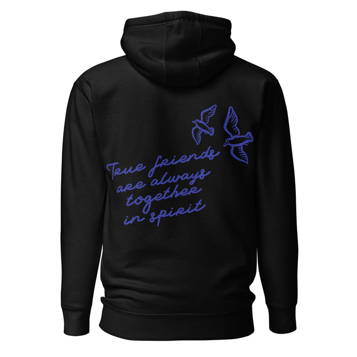 True Friends Are Always Together in Spirit Two-sided Premium Hoodie - The Bean Workshop - Anne and Diana Friendship Quote 2-sided Hoodie for Readers, Anne of Green Gables, Anne with an E Fandom, Best Friend Gift, Book Club Gift, Cottagecore Style, Floral Hat Motif, Friendship Aesthetic, Hoodie, L.M. Montgomery, Navy Blue Bird Illustration, True Friends Are Always Together in Spirit Two-sided Hoodie for Book Lovers