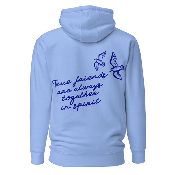 True Friends Are Always Together in Spirit Two-sided Premium Hoodie - The Bean Workshop - Anne and Diana Friendship Quote 2-sided Hoodie for Readers, Anne of Green Gables, Anne with an E Fandom, Best Friend Gift, Book Club Gift, Cottagecore Style, Floral Hat Motif, Friendship Aesthetic, Hoodie, L.M. Montgomery, Navy Blue Bird Illustration, True Friends Are Always Together in Spirit Two-sided Hoodie for Book Lovers