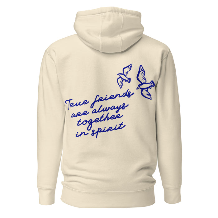 True Friends Are Always Together in Spirit Two-sided Premium Hoodie - The Bean Workshop - Anne and Diana Friendship Quote 2-sided Hoodie for Readers, Anne of Green Gables, Anne with an E Fandom, Best Friend Gift, Book Club Gift, Cottagecore Style, Floral Hat Motif, Friendship Aesthetic, Hoodie, L.M. Montgomery, Navy Blue Bird Illustration, True Friends Are Always Together in Spirit Two-sided Hoodie for Book Lovers
