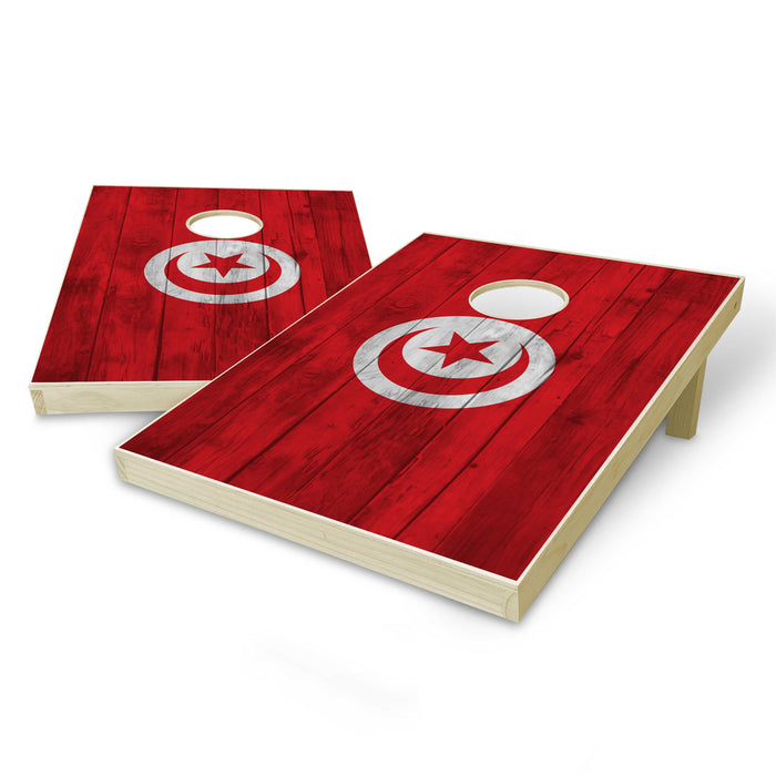 Tunesia Flag Tailgate Cornhole Set - Distressed Wood