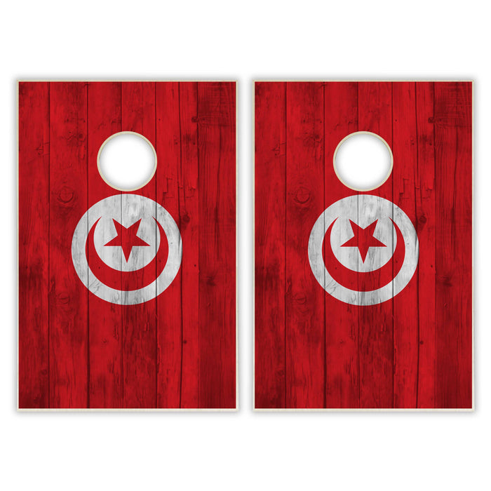 Tunesia Flag Tailgate Cornhole Set - Distressed Wood