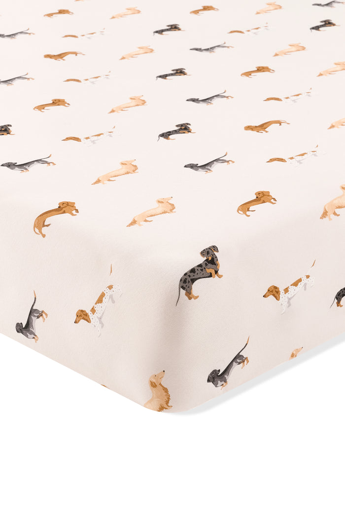 Beige Twin Sheet in Dachshund print on a white background