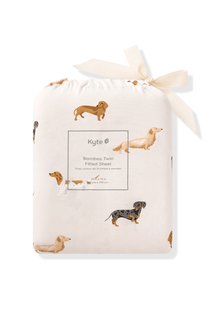 Twin Sheet packed in a Beige bag with Dachshund print on a white background