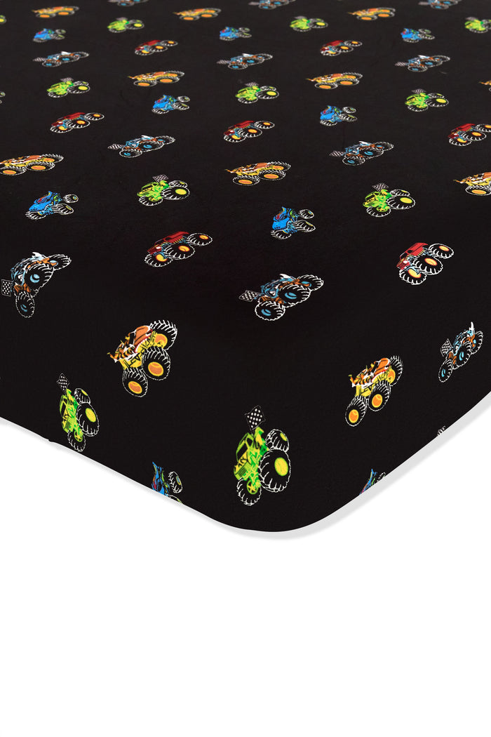 Twin Sheet in Monster Truck print on white background