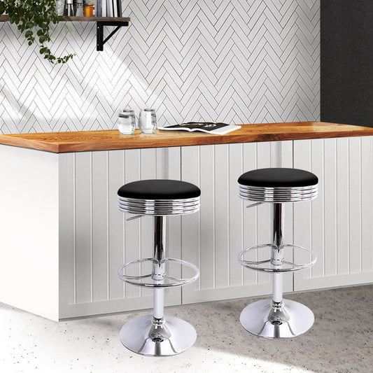 Two Backless PU Leather Bar Stools - Black and Chrome -Home Living Store - -