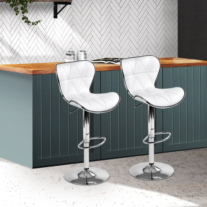 Two Bar Stools Gas Lift Leather Seat White -Home Living Store - -