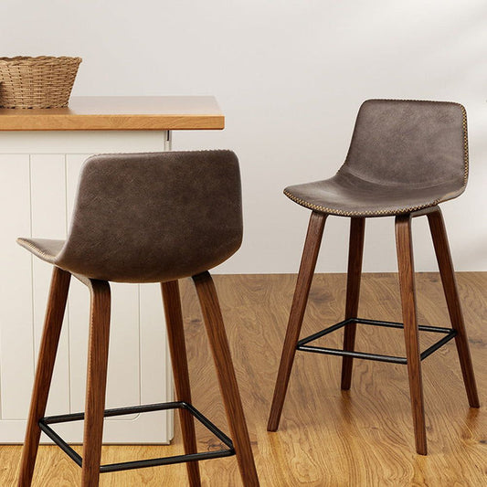 Two Bar Stools Kitchen Counter Barstools Leather Wooden Chairs -Home Living Store - -