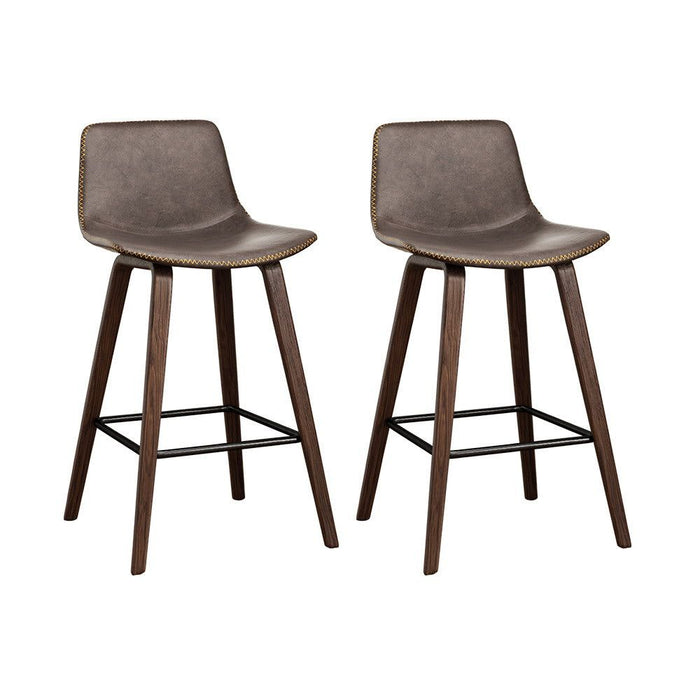 Two Bar Stools Kitchen Counter Barstools Leather Wooden Chairs -Home Living Store - -