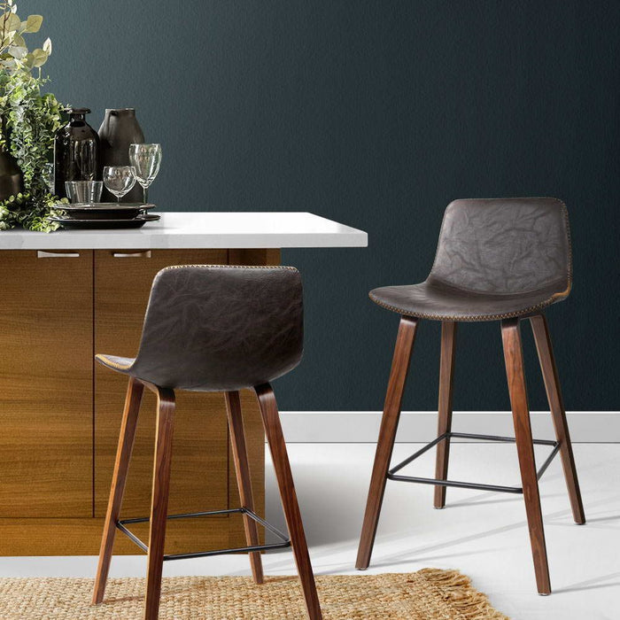 Two Bar Stools Kitchen Counter Barstools Leather Wooden Chairs -Home Living Store - -
