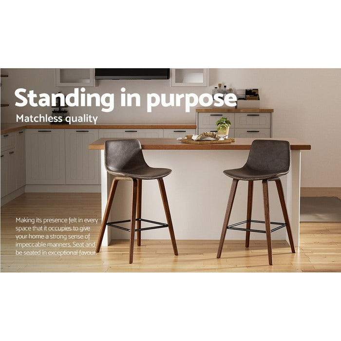 Two Bar Stools Kitchen Counter Barstools Leather Wooden Chairs -Home Living Store - -