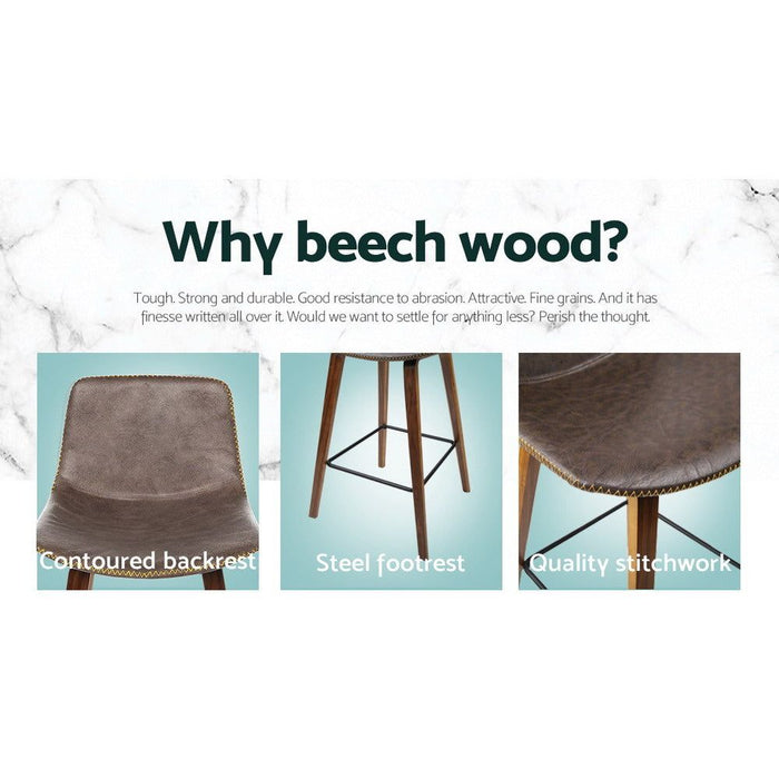 Two Bar Stools Kitchen Counter Barstools Leather Wooden Chairs -Home Living Store - -
