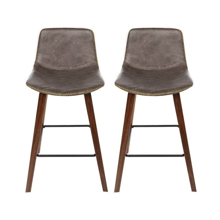 Two Bar Stools Kitchen Counter Barstools Leather Wooden Chairs -Home Living Store - -