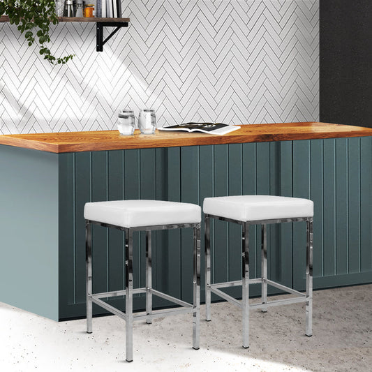 Two Bar Stools Leather Padded Metal White-Home Living Store-Furniture > Chairs > Table & Bar Stools