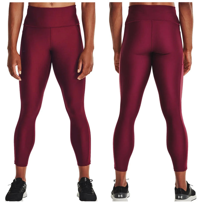 Leggings in a deep burgundy color are displayed from the front and back angles with the model’s hands at their sides. The setting appears neutral with no distinct background features.