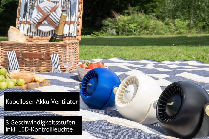 Eine Picknickszene zeigt eine karierte Decke, einen Korb, Essen und Champagner. Im Vordergrund stehen drei tragbare Unold Ventilator Breezy Bowl-Ventilatoren in Blau, Weiß und Schwarz. Deutscher Text erscheint auf dem Bild.