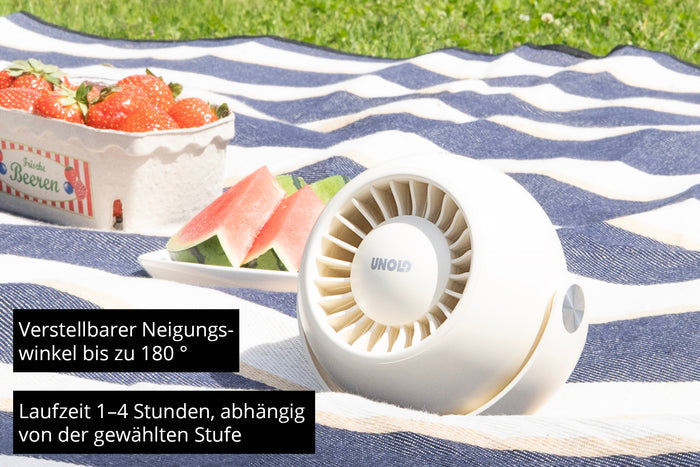 Eine Unold Ventilator Breezy Bowl steht auf einer blau-weiß gestreiften Picknickdecke neben Erdbeeren und Wassermelone. Der deutsche Text hebt den verstellbaren Neigungswinkel und die lange Laufzeit hervor.