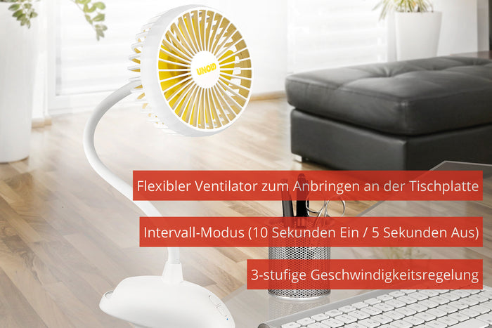 Das Unold Ventilatoren-Set Tischventilator Breezy Clip + Handventilator Breezy Swing, ein flexibler weißer Ventilator mit gelben Flügeln, wird an einer Tischplatte befestigt. Der deutsche Text hebt den Intervallmodus (10 s an/5 s aus) und die drei Geschwindigkeitsstufen hervor; im Hintergrund sind Sofa und Holzboden zu sehen.